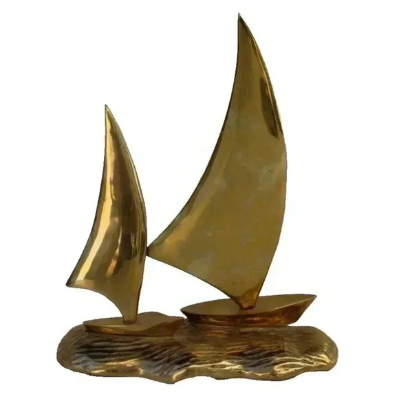 Vintage MCM NAUTICAL Solid Large Brass Sailing Boat Statue Figure Room Decor - Picture 1 of 2
